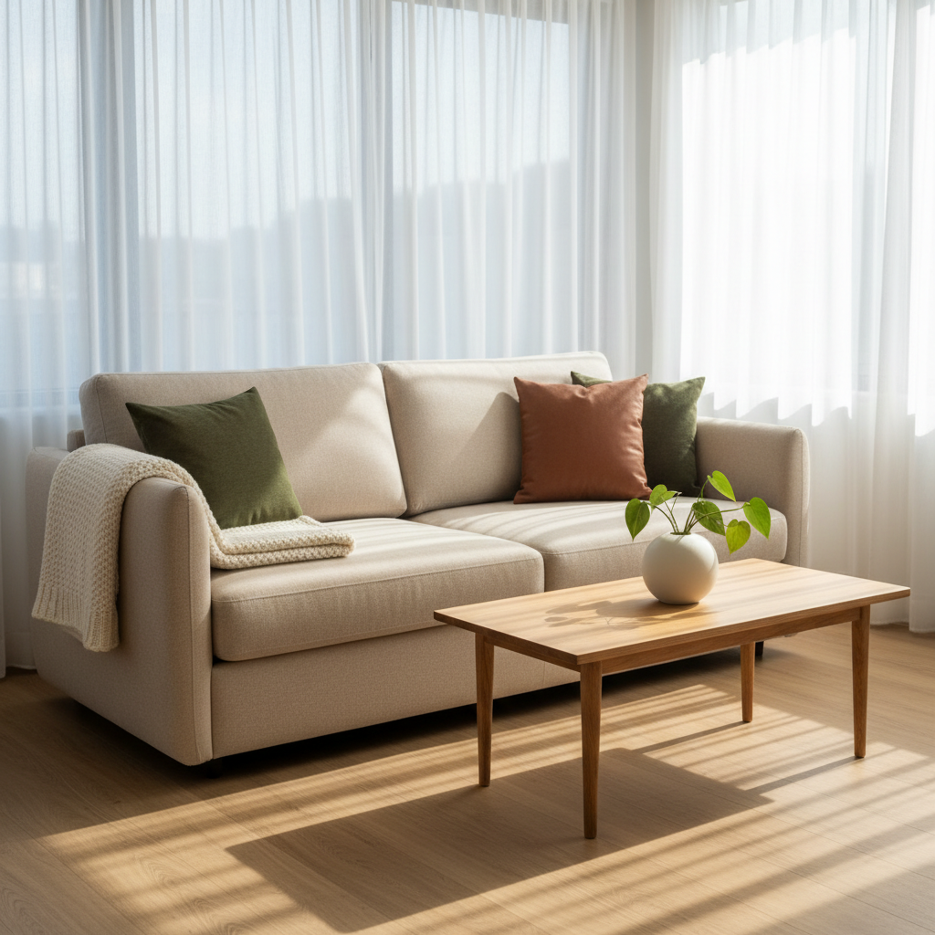A cozy lounge corner inside a rental suite featuring a plush, sand-colored fabric sofa with rounded edges, a single folded knit throw blanket draped neatly over one arm, and two understated cushions in muted earthy tones. In front, a slim wooden coffee table holds a single ceramic vase with a small green plant. The scene is framed by a large window dressed with sheer white curtains, allowing soft morning daylight to flood the space and cast delicate shadows on the light oak flooring. Photographic realism with a slightly elevated angle, balanced composition using the rule of thirds, and a quiet, professional atmosphere that communicates comfort and relaxation for business travelers and vacation guests alike.